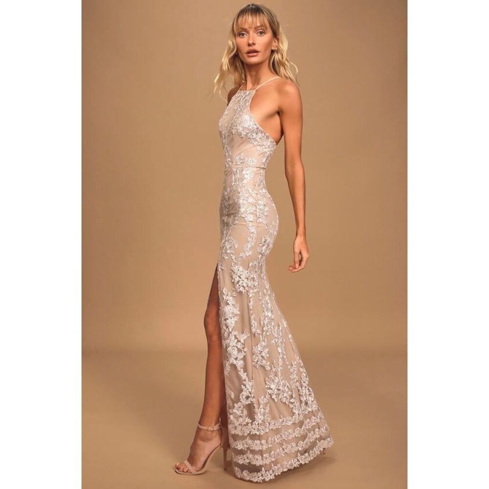 Lulus Dazzled Up Champagne Embroidered Backless Maxi Dress Beige - Size S